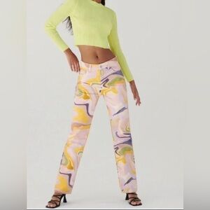 Zara Pastel Marble Waistband pants in Yellow & Pink Swirl colorful straight leg